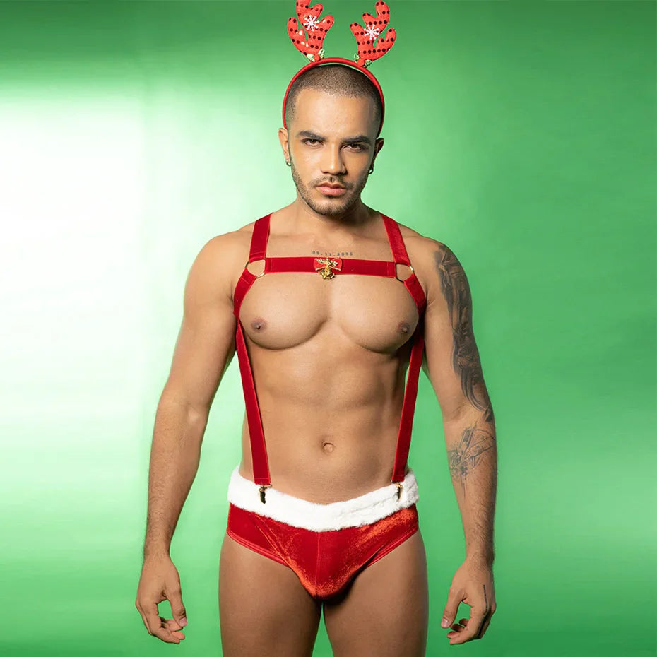 Red Christmas Cosplay Lingerie Set Men Erotic Bodysuit &