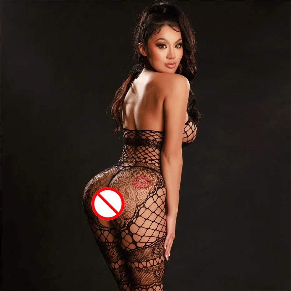 Alluring Fishnet Bodysuit Open Crotch Halter Lingerie
