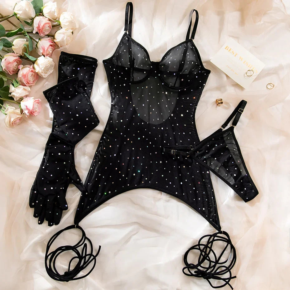 Red Lace Babydoll Nightgown Set With Diamond Gloves