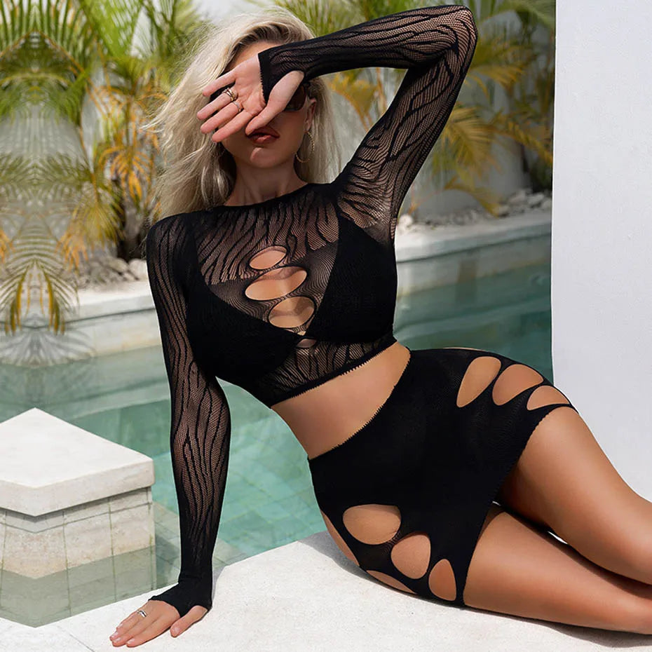Alluring Fishnet Bodysuit Open Crotch Halter Lingerie