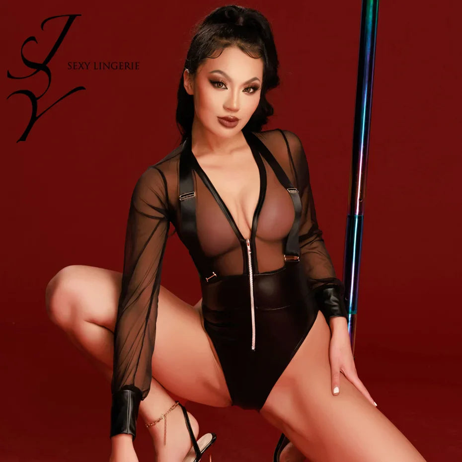 Alluring Black Bodysuit Teddy Nightgown Women Transparent