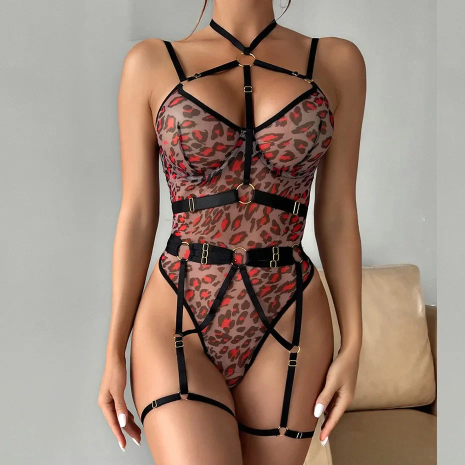 Alluring Lace Bodysuit Leopard Print Open Crotch Teddy