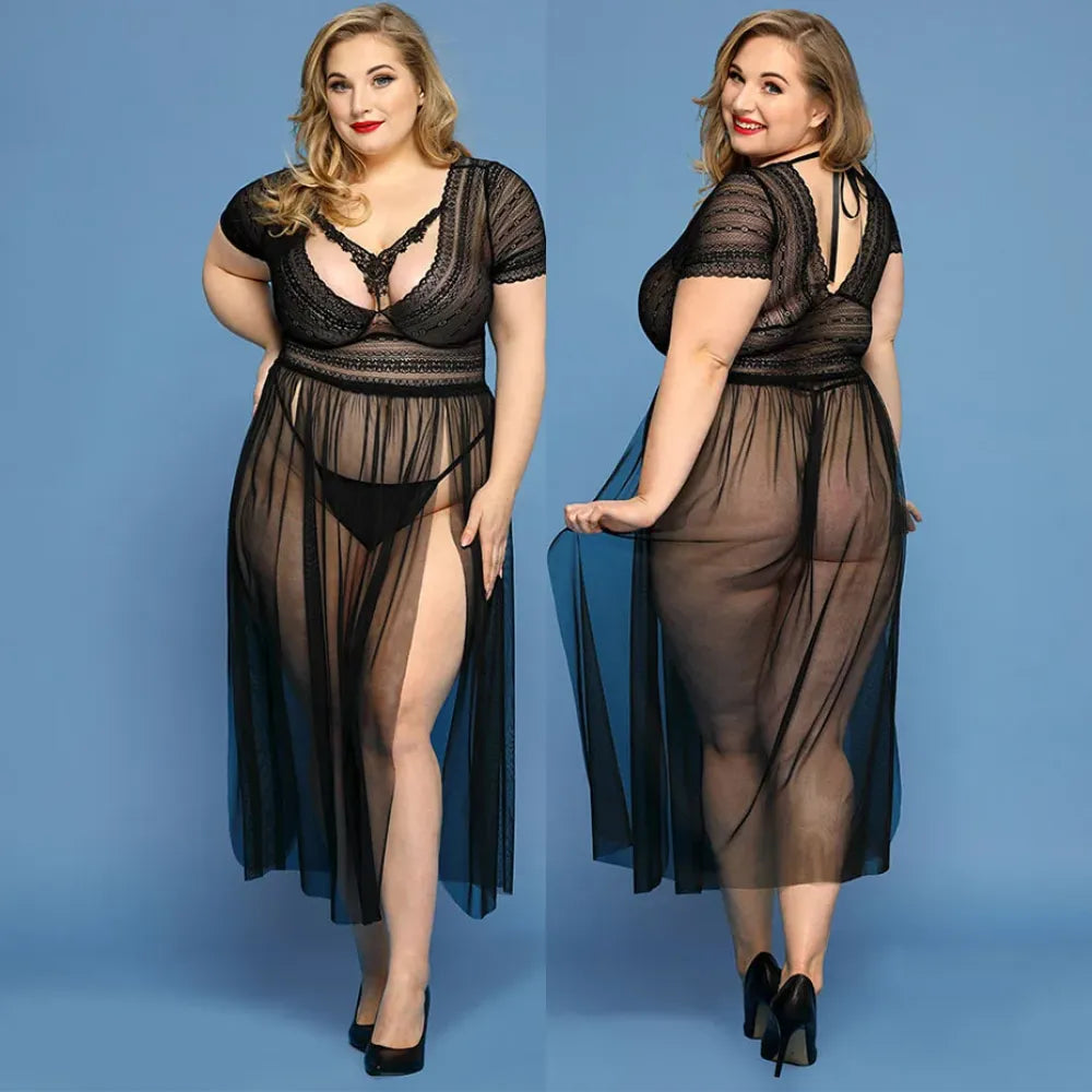 Plus Size Faux Leather Lingerie Dress Embroidered Sleepwear