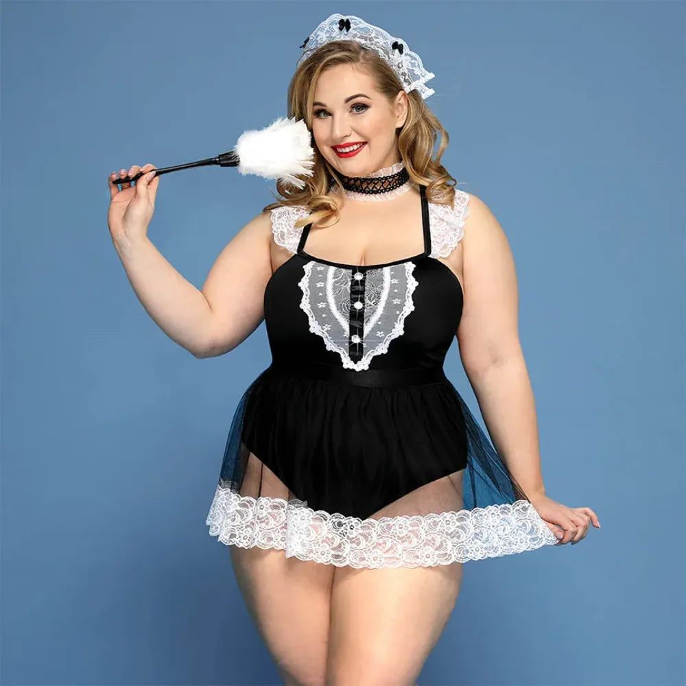 Plus Size Faux Leather Lingerie Dress Embroidered Sleepwear